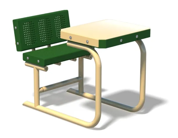 Green and tan single-seat desk with a perforated backrest on a white background.