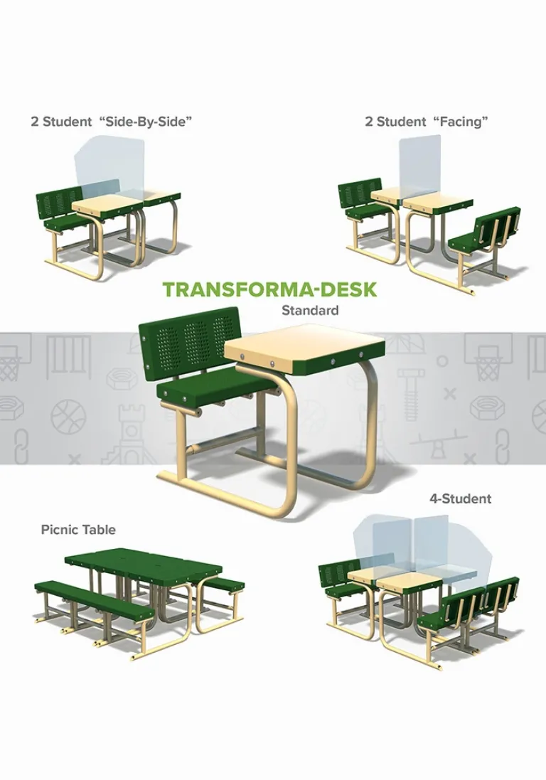 Various configurations of the Transform-Desk with green benches and tabletops in multiple seating arrangements.