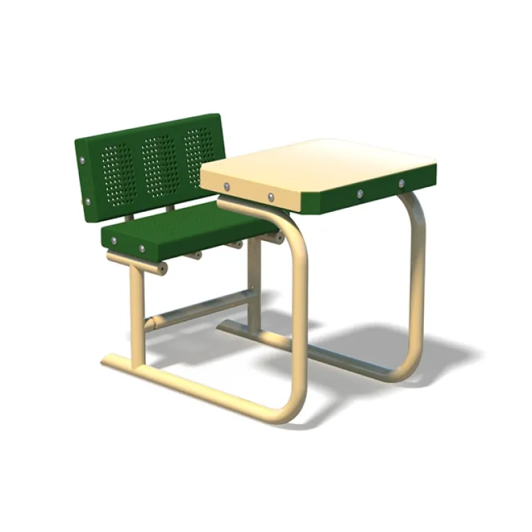 Metal outdoor bench with attached table, featuring green seat and backrest and beige frame.