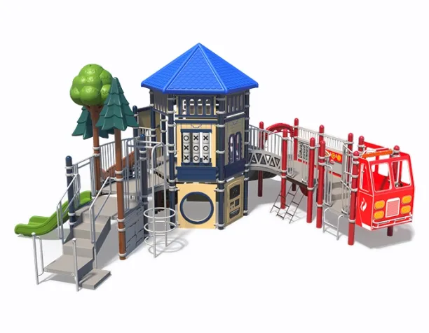Playground structure with a fire truck theme, blue roof, slides, bridges, and climbing area.