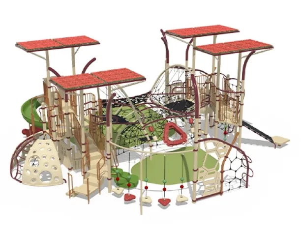 Multi-level playground structure with green slides, red shade roofs, and rope climbing elements.