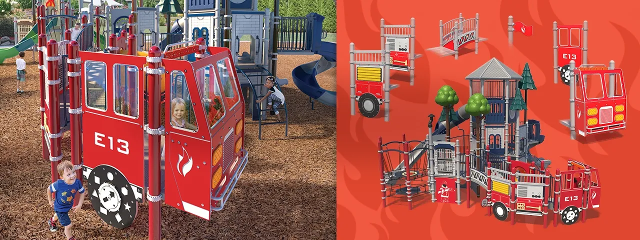 Children playing on a red fire truck-themed playground structure in a wood chip area with an equipment display on the right.