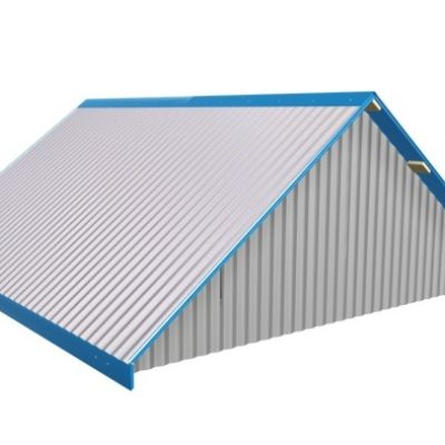 Playcraft Metal Roof, Quad Gable (Corrugated) - corrugated metal roof with blue trim and angled gable design