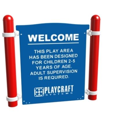 Playcraft Age Appropriate Safety Panel - red posts with blue panel warning for ages 2-5, Playcraft logo visible