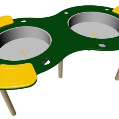Playcraft Dual Sand and Water Table - green freestanding structure with yellow accents and dual metal basins