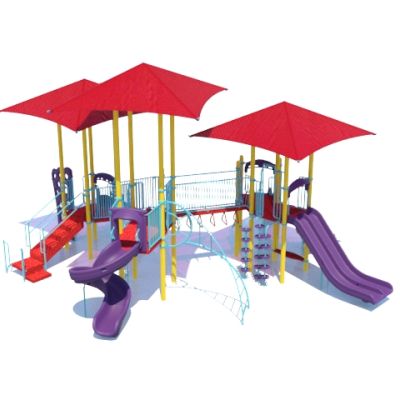 Playcraft Commercial Post & Deck Playground - multi-level structure with red canopies, slides, and climbing features