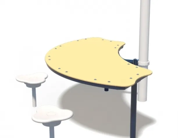 Playcraft Round-5 - Yellow counter with white stools, ideal for ages 2-12 inclusive play spaces, attached to post.