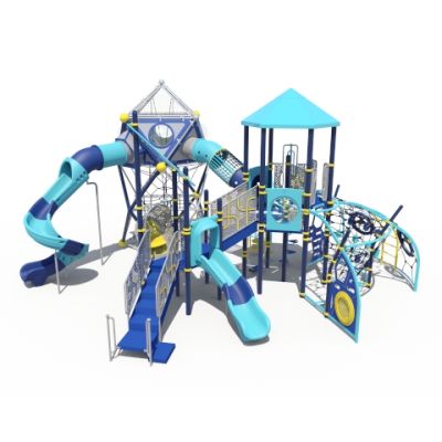 Playcraft Rope & Net Courses Playground - blue and yellow multi-level structure with slides and climbing nets