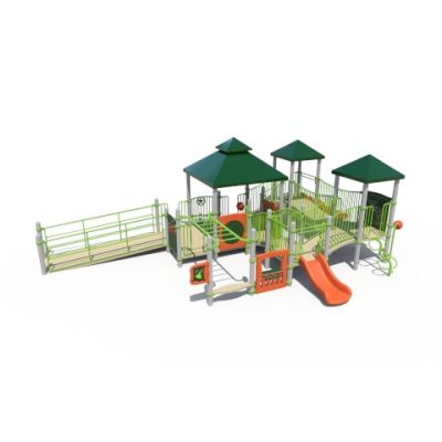 Playcraft Commercial Post & Deck Playground - green and orange structure with roofs, slides, and ramps