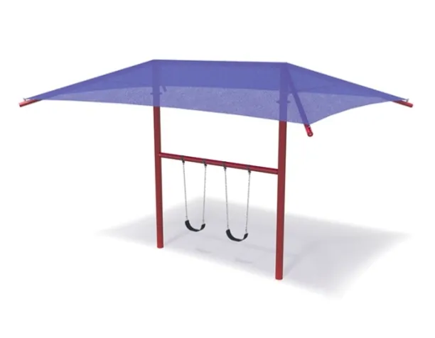 Playcraft Freestanding Swing Shade - red frame with blue canopy and two swings