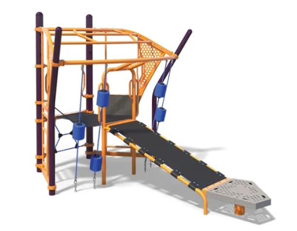 Playcraft Belt Bay - Vibrant playground component with ramps, ropes, and climbing elements in orange and purple.