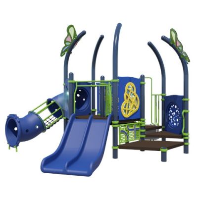 Playcraft Commercial Post & Deck Playground - multi-level structure with blue slides, climbing features, and crawl tubes