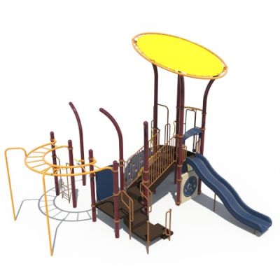 Playcraft Commercial Post & Deck Playground - multi-level structure with yellow canopy, blue slides, climbing rings
