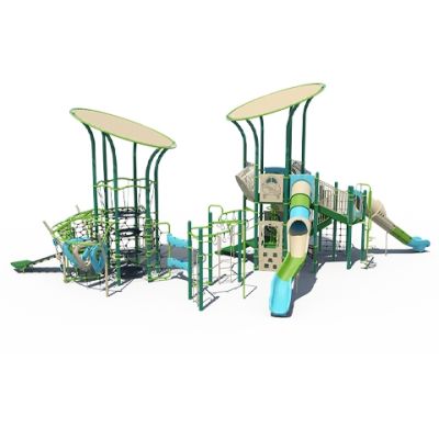 Playcraft Rope & Net Courses Playground - green and beige multi-level structure with slides, climbing nets, and shade