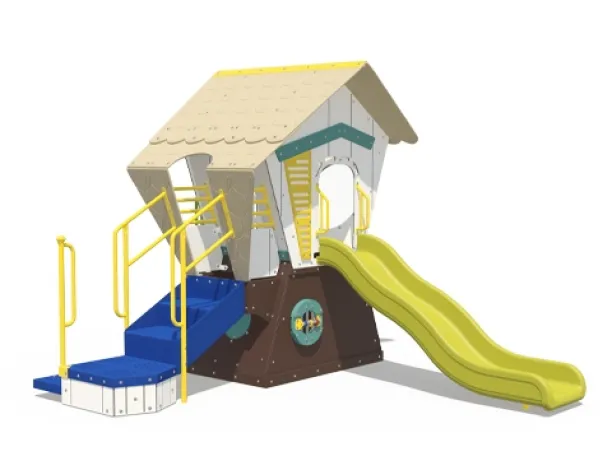 Playcraft Countryside Playhouse - beige playhouse with wavy roof, yellow slide, and blue steps for ages 2-5