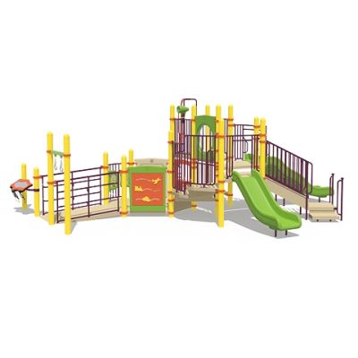 Playcraft Commercial Post & Deck Playground - multi-level structure with green slide, climbing wall, and colorful posts