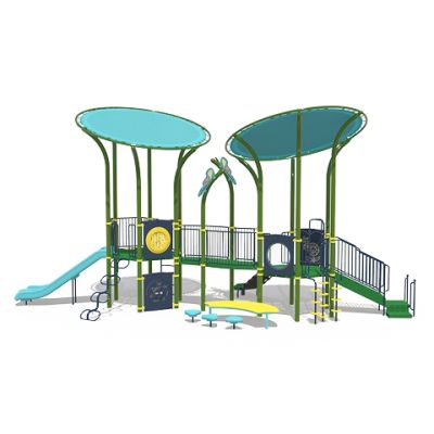 Playcraft Commercial Post & Deck Playground - green and blue structure with slides and shade canopy for ages 2-5