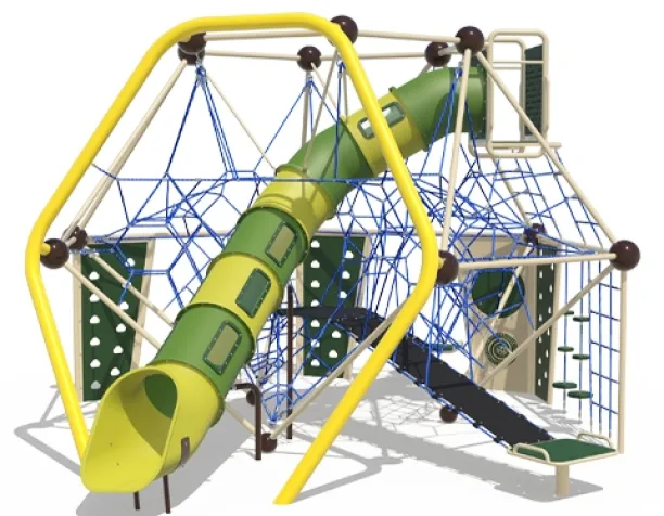 Playcraft Net Effects - yellow and green net climber with tube slide and rope nets for ages 5-12