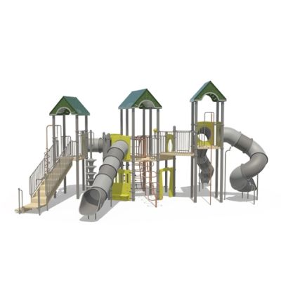 Playcraft Commercial Post & Deck Playground - multi-level with green roofs, crawl tubes, and curved slides