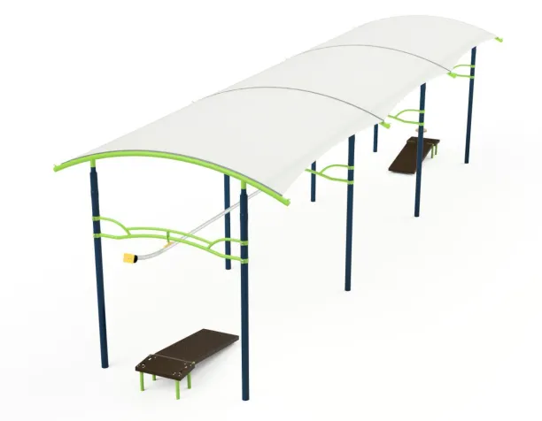 Playcraft Zipline w/ Shade - long zipline with white canopy, green accents, and dark supports for ages 5-12