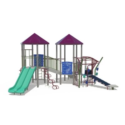 Playcraft Rope & Net Courses Playground - structure with teal slides, purple roofs, and climbing events for ages 5-12