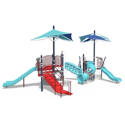 Playcraft Rope & Net Courses Playground - multi-level structure with red and turquoise slides, shade canopy, crawl tube