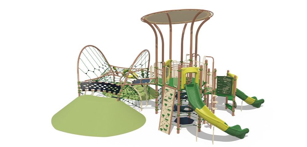 Playcraft Rope & Net Courses Playground - tan and green structure with slides, nets, canopy for ages 5-12 - slider