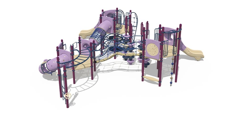 Playcraft Commercial Post & Deck Playground - multi-level structure with purple slides, nets, and climbing ropes - slider