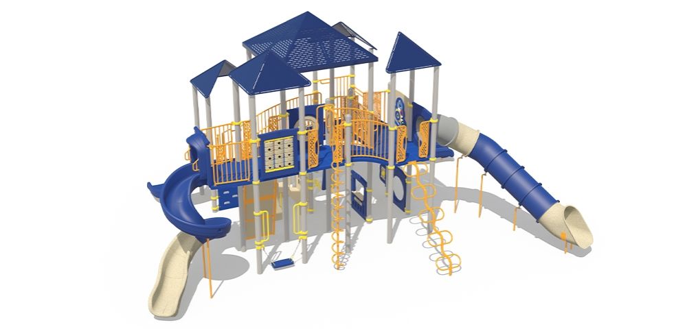 Playcraft Commercial Post & Deck Playground - multi-level structure with blue slides, yellow railings, and climbing features - slider