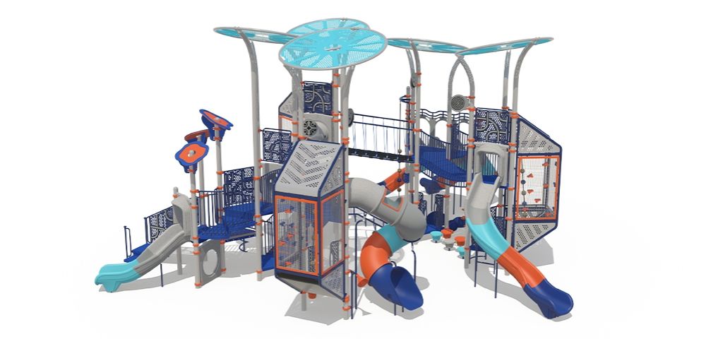 Playcraft Commercial Post & Deck Playground - colorful multi-level structure with blue, orange slides, and climbing nets - slider