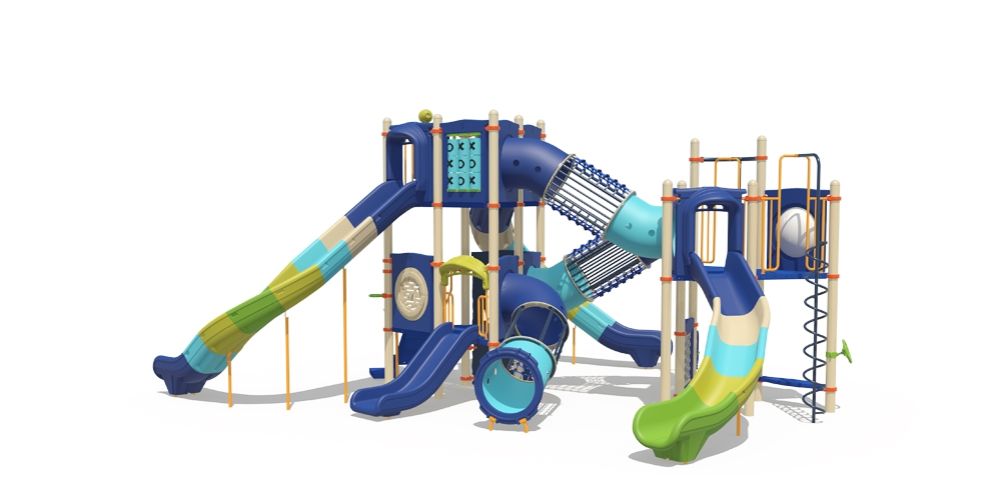 Playcraft Commercial Post & Deck Playground - multi-level structure with blue and green slides, climbing nets, and crawl - slider