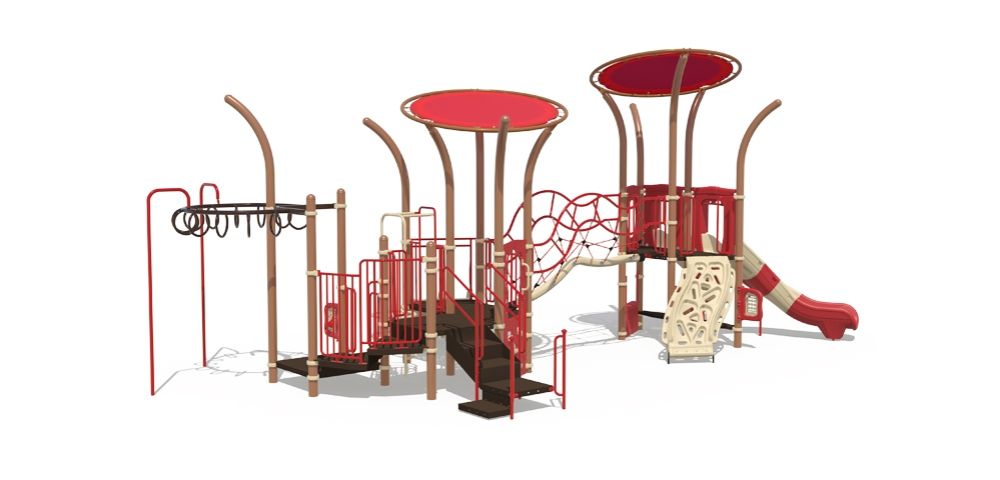 Playcraft Commercial Post & Deck Playground - red and beige structure with slides, climbing features, shade canopies - slider