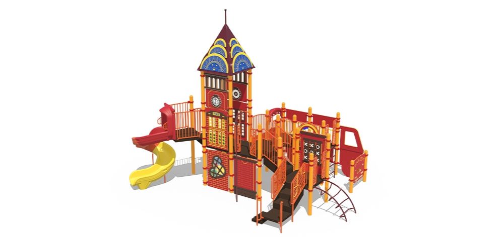Playcraft Round-5 - Fire station-themed playground with red and orange slides, bridges, tower, and climber for ages 5-12 - slider