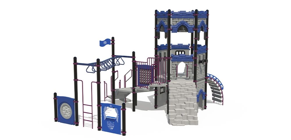Playcraft Commercial Post & Deck Playground - castle-themed structure with blue slides and multi-level tower - slider