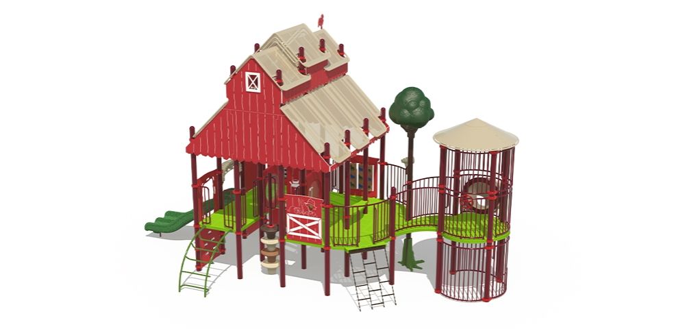 Playcraft Commercial Post & Deck Playground - red farm-themed multi-level structure with slides and climbing features - slider