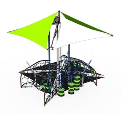 Playcraft Rope & Net Courses Playground - geometric design with green and white shade canopy, climbing nets