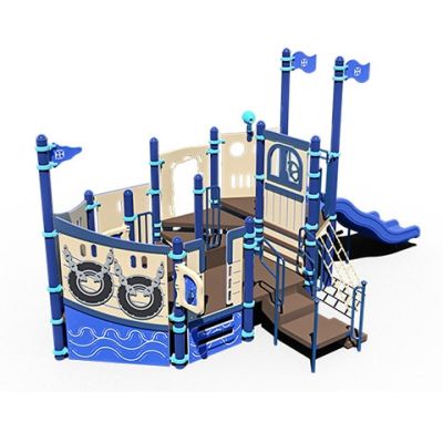 Playcraft Commercial Post & Deck Playground - nautical-themed blue and tan play structure with slides and climbing ropes