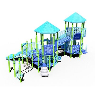 Playcraft Commercial Post & Deck Playground - multi-level structure with blue and green towers, slides, and climbing nets