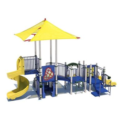 Playcraft Commercial Post & Deck Playground - yellow canopy, blue and yellow slides, bridges, and climbing features