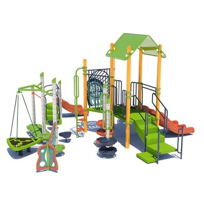 Playcraft Hybrid Playground - green and yellow structure with slides, climbing and spinning elements for ages 2-5