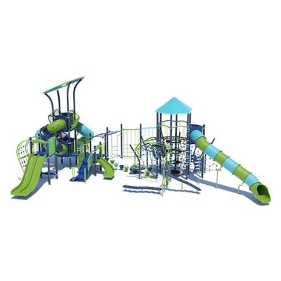 Playcraft Rope & Net Courses Playground - vibrant multi-level structure with green slides and climbing nets