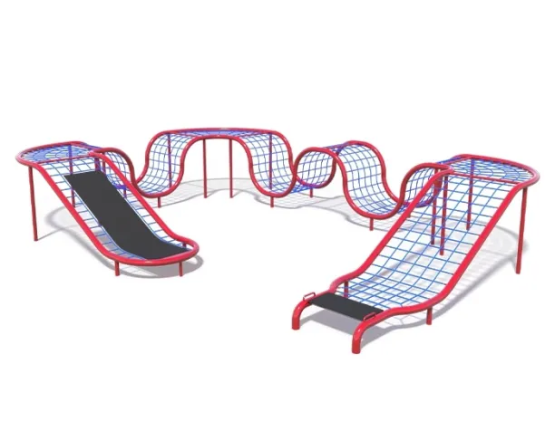 Playcraft Net Effects - Red and blue freestanding climbing structure with ramps and nets for ages 5-12