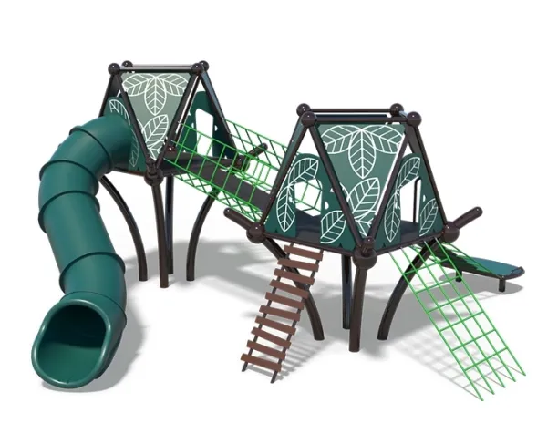 Playcraft Net Effects, Sky - green structure with tube slide, climbing nets, and leaf patterns for ages 5-12
