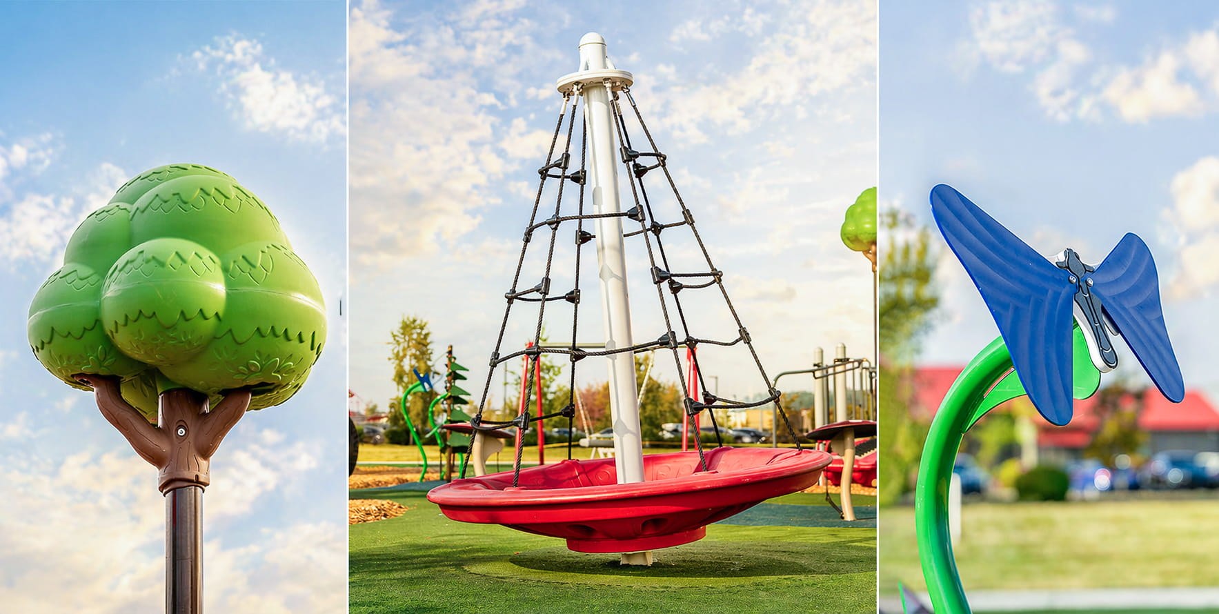 Three separate vertical images showing a post topper, a freestanding spinning item, and a decorative butterfly.