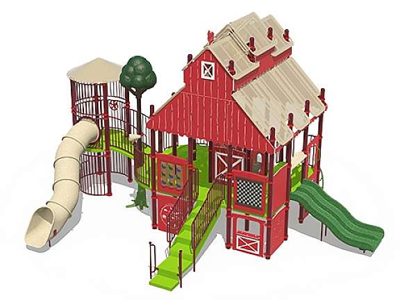 Playcraft Commercial Post & Deck Playground - red farm-themed multi-level structure with slides and climbing features