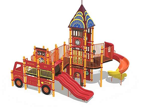 Playcraft Round-5 - Fire station-themed playground with red and orange slides, bridges, tower, and climber for ages 5-12