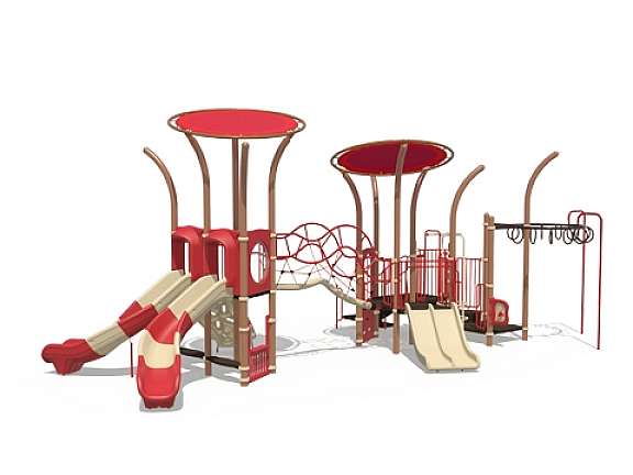 Playcraft Commercial Post & Deck Playground - red and beige structure with slides, climbing features, shade canopies