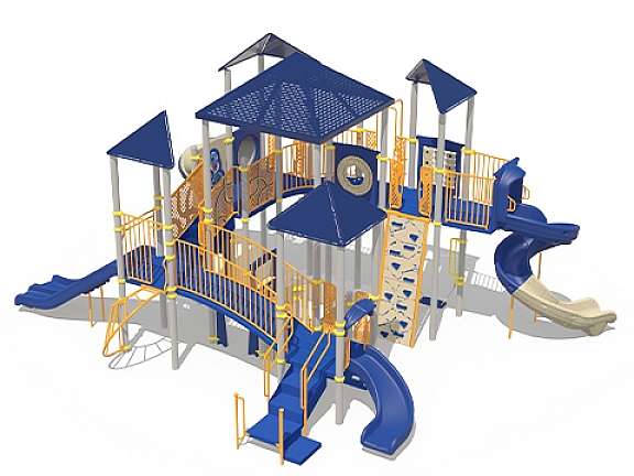 Playcraft Commercial Post & Deck Playground - multi-level structure with blue slides, yellow railings, and climbing features