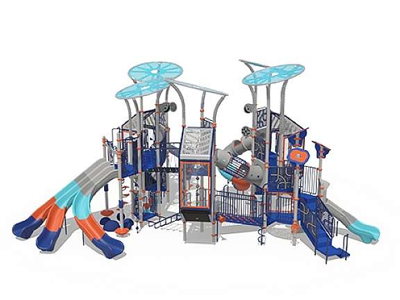 Playcraft Commercial Post & Deck Playground - colorful multi-level structure with blue, orange slides, and climbing nets