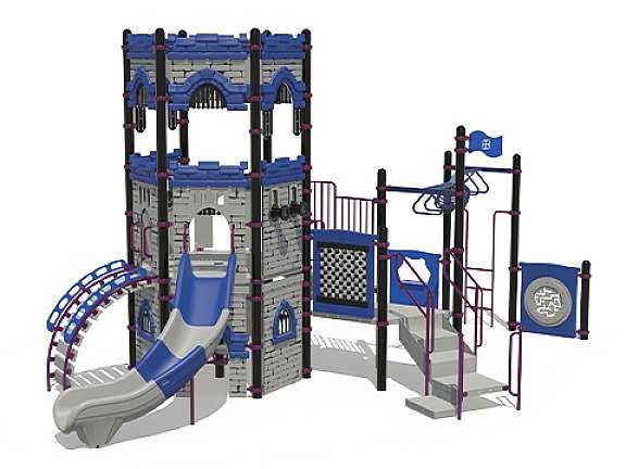 Playcraft Commercial Post & Deck Playground - castle-themed structure with blue slides and multi-level tower